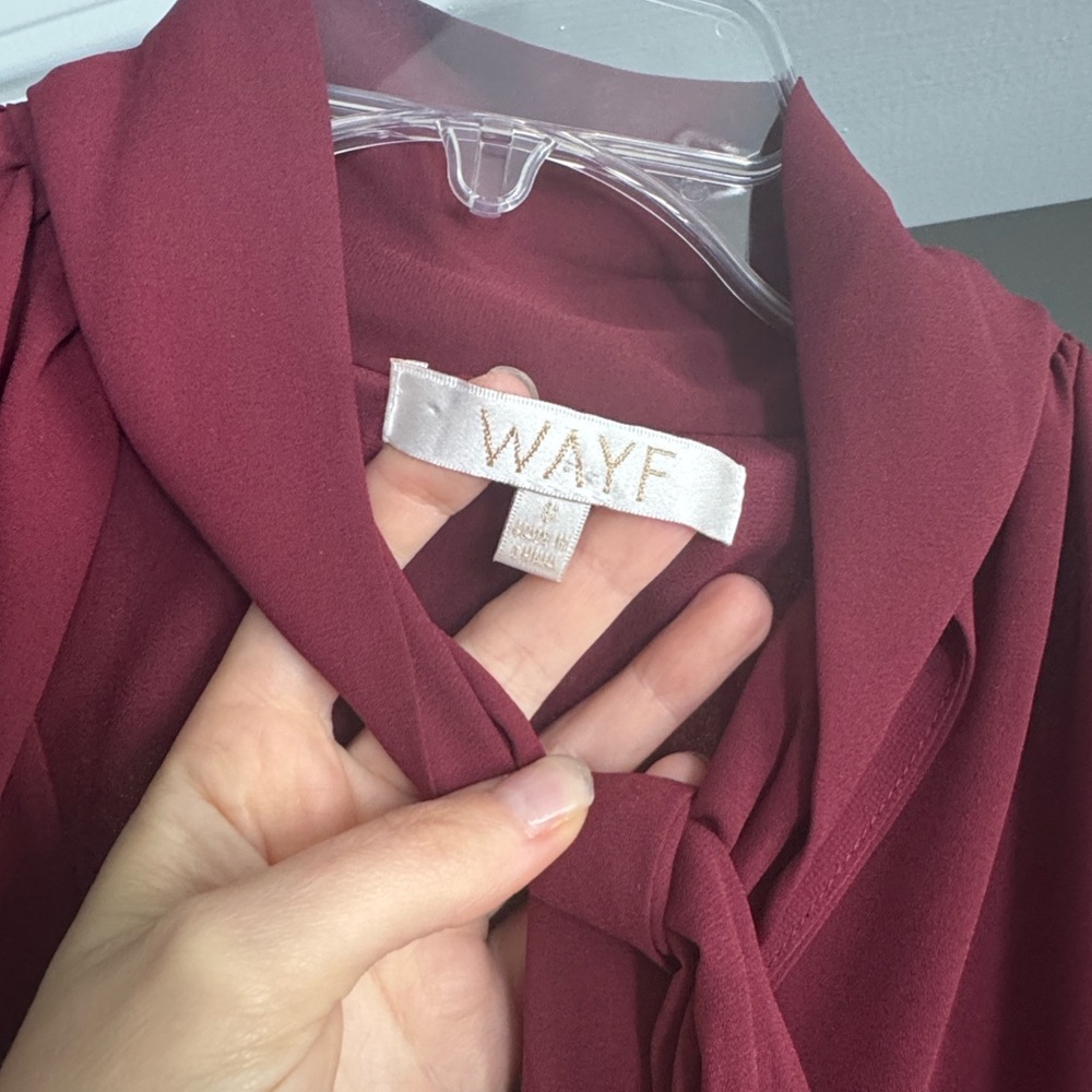 Burgundy Maroon Red Front Tie Sleeveless Work Office Corporate Dress Blouse - Picture 3 of 7